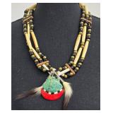 Native American Style Featuring Buffalo Bone Beaded and Turquoise Mosaic Pendant, Multi-Strand Bone Beads & Leather Ties