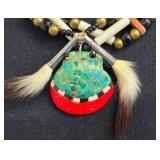 Native American Style Featuring Buffalo Bone Beaded and Turquoise Mosaic Pendant, Multi-Strand Bone Beads & Leather Ties