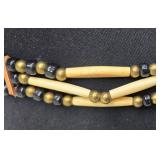 Native American Style Featuring Buffalo Bone Beaded and Turquoise Mosaic Pendant, Multi-Strand Bone Beads & Leather Ties