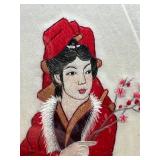 Geisha in Crimson Silk - Hand-Embroidered Framed Silk Tapestry