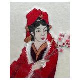 Geisha in Crimson Silk - Hand-Embroidered Framed Silk Tapestry