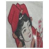 Geisha in Crimson Silk - Hand-Embroidered Framed Silk Tapestry