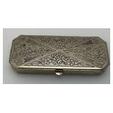 Vintage DOUCETTE Silvertone Art Deco Style Small Hinged Tin/Trinket Box 1' x 2 1/2'