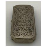 Vintage DOUCETTE Silvertone Art Deco Style Small Hinged Tin/Trinket Box 1' x 2 1/2'