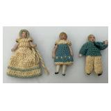 Lot Of Three Antique German Hertwig (Carl Horn) Miniature Family Dollhouse Dolls