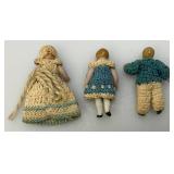 Lot Of Three Antique German Hertwig (Carl Horn) Miniature Family Dollhouse Dolls