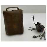 Miniature Metal Frog Scuplture 3' And Cow Bell 5'