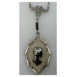 Antique STERLING SILVER 7.23 overall Grams Victorian Era Black Enamel Silhouette Necklace With Starburst Design
