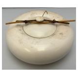 Vintage Hand Signed Oriental Style Pottery Dish With Lid And Bamboo Handle Accents 5' x 9 1/2'