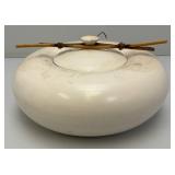 Vintage Hand Signed Oriental Style Pottery Dish With Lid And Bamboo Handle Accents 5' x 9 1/2'