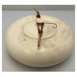 Vintage Hand Signed Oriental Style Pottery Dish With Lid And Bamboo Handle Accents 5' x 9 1/2'