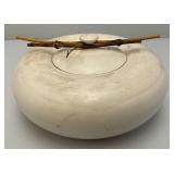 Vintage Hand Signed Oriental Style Pottery Dish With Lid And Bamboo Handle Accents 5' x 9 1/2'