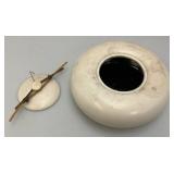 Vintage Hand Signed Oriental Style Pottery Dish With Lid And Bamboo Handle Accents 5' x 9 1/2'