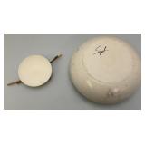 Vintage Hand Signed Oriental Style Pottery Dish With Lid And Bamboo Handle Accents 5' x 9 1/2'
