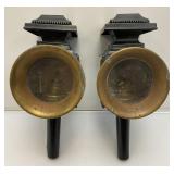 Pair Of RARE Antique Early 1900's Carriage Oil Lanterns With Beveled Glass And Red Dot (One Has Broken Side Glass) 5' x 6 1/2' x 14'