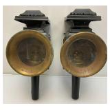 Pair Of RARE Antique Early 1900's Carriage Oil Lanterns With Beveled Glass And Red Dot (One Has Broken Side Glass) 5' x 6 1/2' x 14'