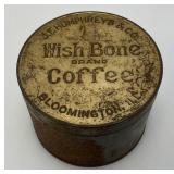 Vintage J.F. Humphreys & Co. Wish Bone Brand Coffee  Bloomington Ills. Coffee Tin With Lid 4' x 5 3/8'