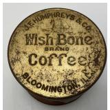 Vintage J.F. Humphreys & Co. Wish Bone Brand Coffee  Bloomington Ills. Coffee Tin With Lid 4' x 5 3/8'