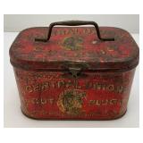 Vintage Central Union Cut Plug Tobacco Lunch Pail Style Tin 4 1/4' x 4 1/2' x 7'