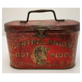 Vintage Central Union Cut Plug Tobacco Lunch Pail Style Tin 4 1/4' x 4 1/2' x 7'