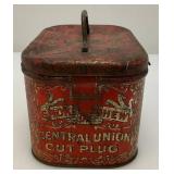 Vintage Central Union Cut Plug Tobacco Lunch Pail Style Tin 4 1/4' x 4 1/2' x 7'