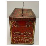 Vintage Central Union Cut Plug Tobacco Lunch Pail Style Tin 4 1/2' x 5 1/4' x 7 1/2'