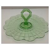 Vintage Anchor Hocking Block Green Depression Glass Center handle Serving /Sandwich Plate 11' (Lightly Glows Under UV light)