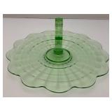 Vintage Anchor Hocking Block Green Depression Glass Center handle Serving /Sandwich Plate 11' (Lightly Glows Under UV light)