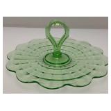 Vintage Anchor Hocking Block Green Depression Glass Center handle Serving /Sandwich Plate 11' (Lightly Glows Under UV light)