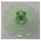 Vintage Anchor Hocking Block Green Depression Glass Center handle Serving /Sandwich Plate 11' (Lightly Glows Under UV light)