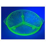 Vintage Anchor Hocking Cameo Ballerina Divided Green Depression Glass Uranium Bowl 7 1/2' (Glows Under UV light) Small Chip On Edge
