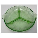 Vintage Anchor Hocking Cameo Ballerina Divided Green Depression Glass Uranium Bowl 7 1/2' (Glows Under UV light) Small Chip On Edge