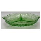 Vintage Anchor Hocking Cameo Ballerina Divided Green Depression Glass Uranium Bowl 7 1/2' (Glows Under UV light) Small Chip On Edge