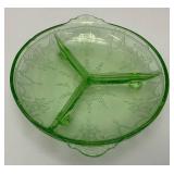 Vintage Anchor Hocking Cameo Ballerina Divided Green Depression Glass Uranium Bowl 7 1/2' (Glows Under UV light) Small Chip On Edge