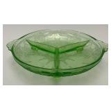 Vintage Anchor Hocking Cameo Ballerina Divided Green Depression Glass Uranium Bowl 7 1/2' (Glows Under UV light) Small Chip On Edge