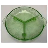 Vintage Anchor Hocking Cameo Ballerina Divided Green Depression Glass Uranium Bowl 7 1/2' (Glows Under UV light) Small Chip On Edge