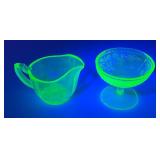 Vintage 1935 US Glass Brand Green Depression URANIUM Glass Strawberry Design Sherbert Bowl 3' x 4' & Green Uranium Glass Gravy Boat 3' x 5' Chips Present (Both Glow Under UV Light)
