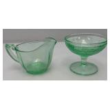 Vintage 1935 US Glass Brand Green Depression URANIUM Glass Strawberry Design Sherbert Bowl 3' x 4' & Green Uranium Glass Gravy Boat 3' x 5' Chips Present (Both Glow Under UV Light)