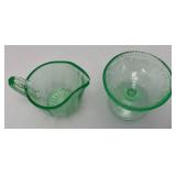 Vintage 1935 US Glass Brand Green Depression URANIUM Glass Strawberry Design Sherbert Bowl 3' x 4' & Green Uranium Glass Gravy Boat 3' x 5' Chips Present (Both Glow Under UV Light)