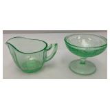 Vintage 1935 US Glass Brand Green Depression URANIUM Glass Strawberry Design Sherbert Bowl 3' x 4' & Green Uranium Glass Gravy Boat 3' x 5' Chips Present (Both Glow Under UV Light)