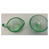 Vintage 1935 US Glass Brand Green Depression URANIUM Glass Strawberry Design Sherbert Bowl 3' x 4' & Green Uranium Glass Gravy Boat 3' x 5' Chips Present (Both Glow Under UV Light)