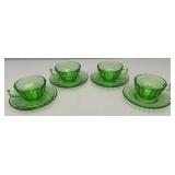 Vintage Set Of Four  Anchor Hocking Block Optic Pattern Green Depression Uranium Glass Cups And Saucers  (Glows Lightly Under UV light)