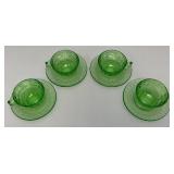 Vintage Set Of Four  Anchor Hocking Block Optic Pattern Green Depression Uranium Glass Cups And Saucers  (Glows Lightly Under UV light)
