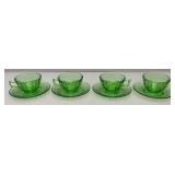 Vintage Set Of Four  Anchor Hocking Block Optic Pattern Green Depression Uranium Glass Cups And Saucers  (Glows Lightly Under UV light)