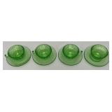 Vintage Set Of Four  Anchor Hocking Block Optic Pattern Green Depression Uranium Glass Cups And Saucers  (Glows Lightly Under UV light)