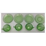 Vintage Set Of Four  Anchor Hocking Block Optic Pattern Green Depression Uranium Glass Cups And Saucers  (Glows Lightly Under UV light)