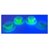 Vintage Set Of Four Misc. Patterns Green Depression Uranium Glass Cups And Saucers  (Glows Under UV light)