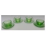 Vintage Set Of Four Misc. Patterns Green Depression Uranium Glass Cups And Saucers  (Glows Under UV light)