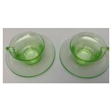 Vintage Set Of Four Misc. Patterns Green Depression Uranium Glass Cups And Saucers  (Glows Under UV light)