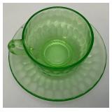 Vintage Set Of Four Misc. Patterns Green Depression Uranium Glass Cups And Saucers  (Glows Under UV light)